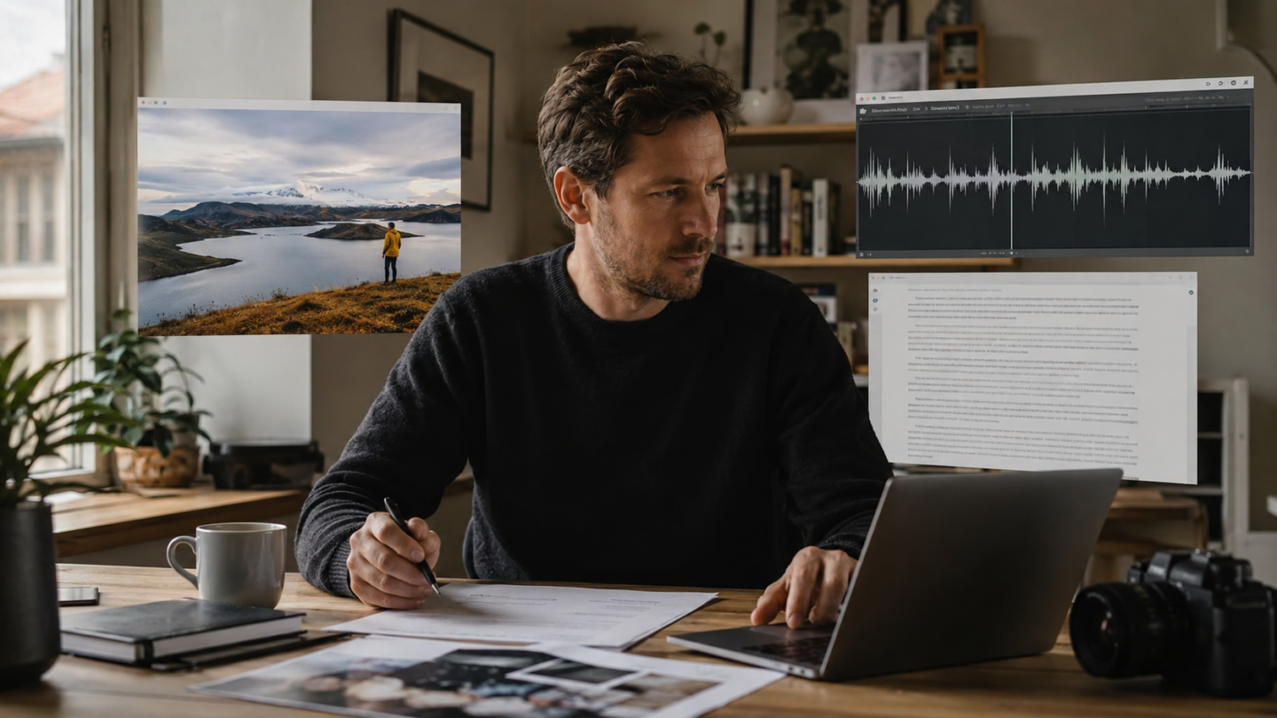 En person arbejder med foto, lydkurve og tekst omkring samme konkrete opgave.