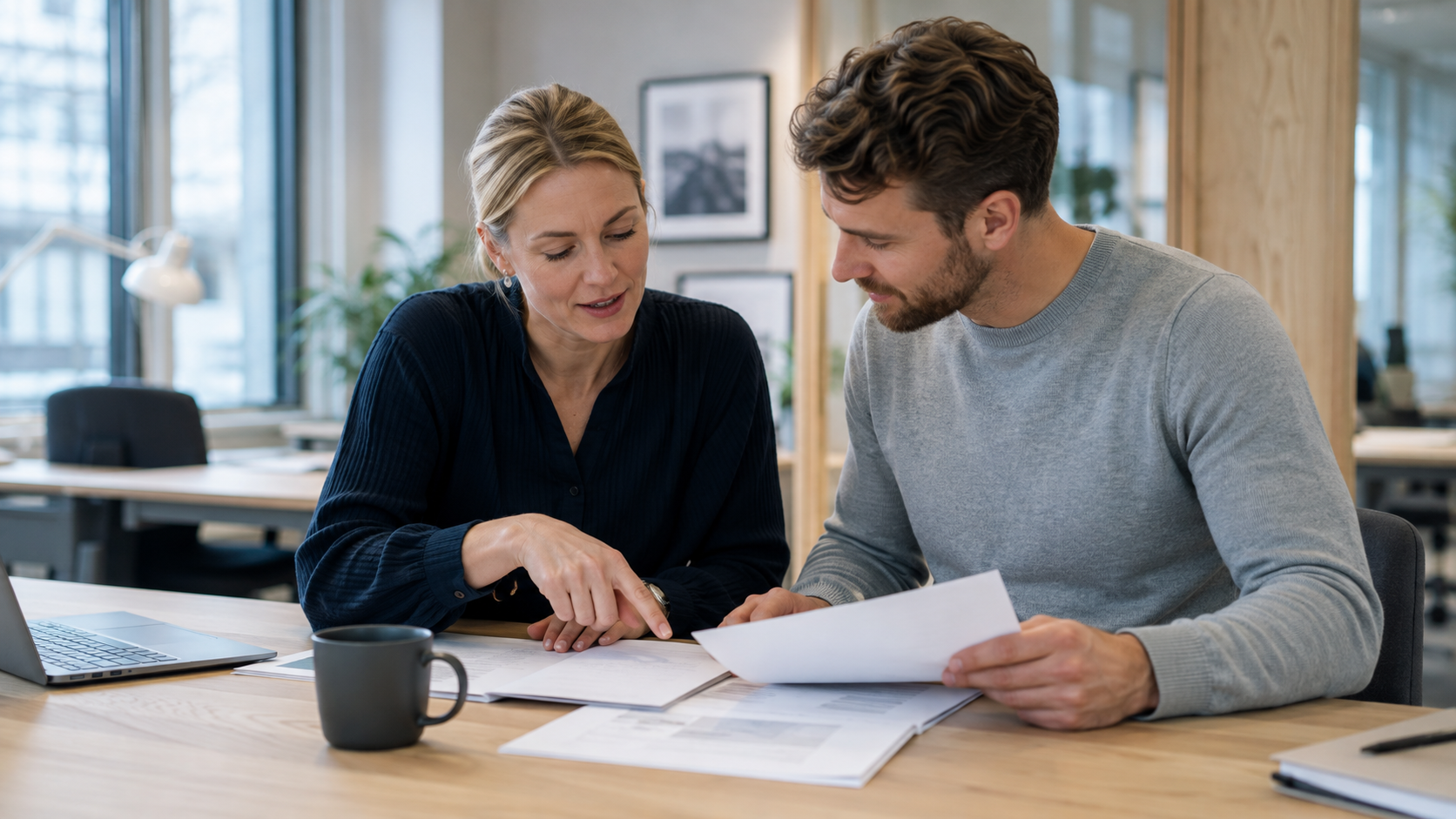 To kolleger gennemgår et AI-udkast og giver konkret feedback.