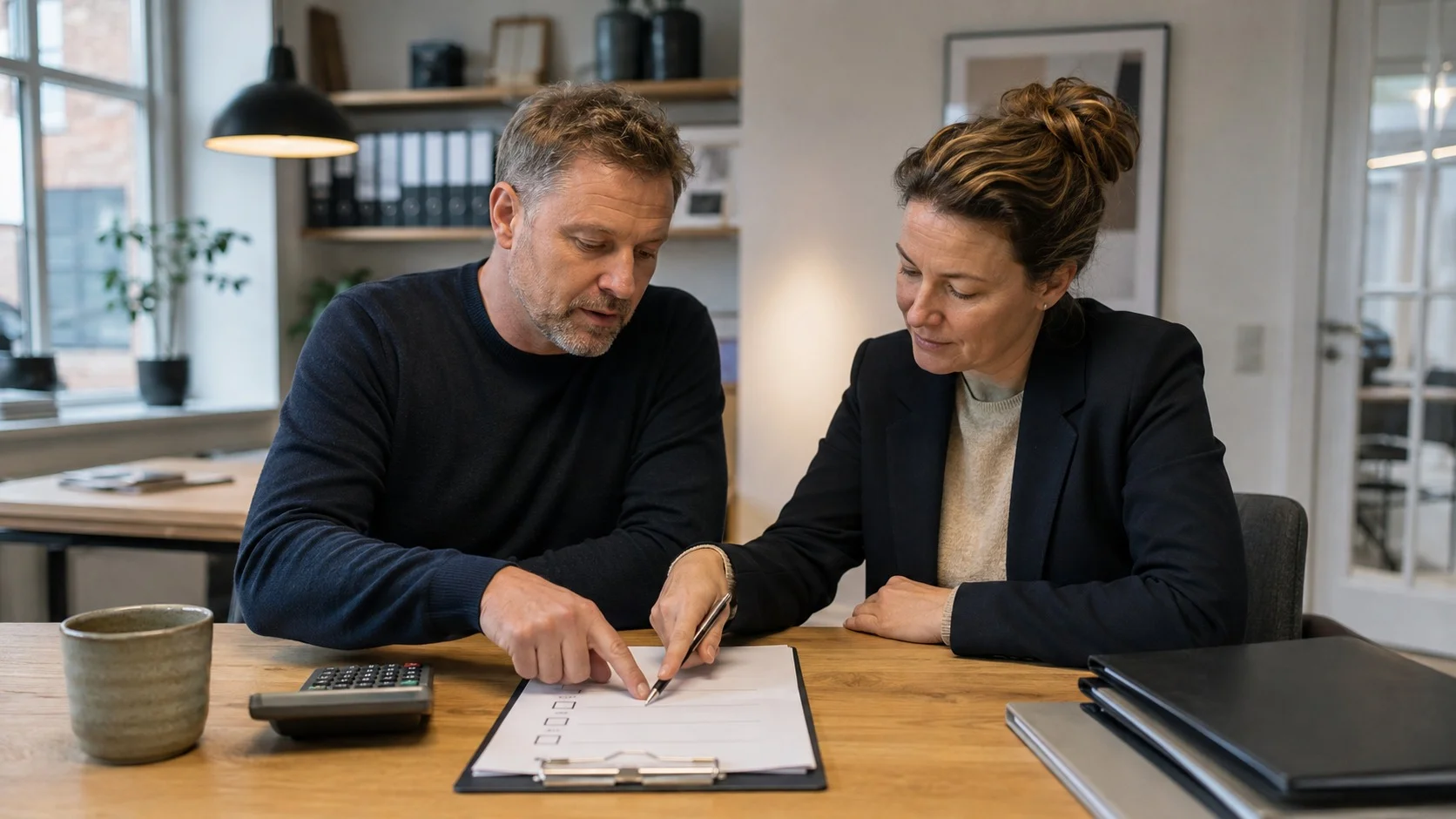 To kolleger ved et skrivebord peger på en tjekliste på et clipboard ved siden af en lommeregner