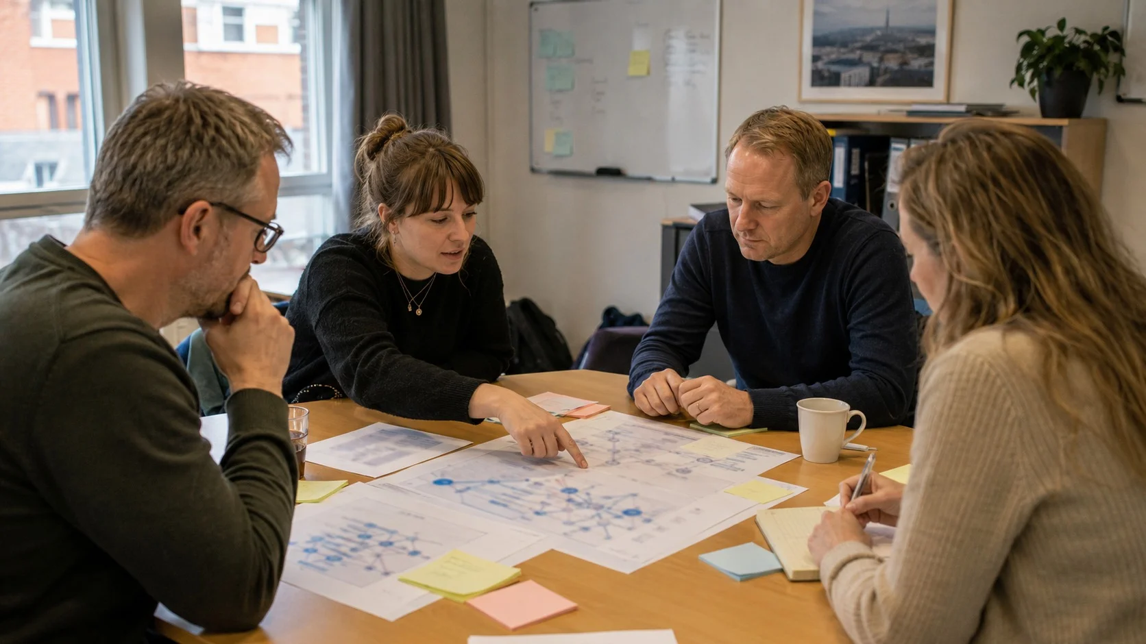 Fire kolleger gennemgår et netværksdiagram og post-it-sedler ved et mødebord