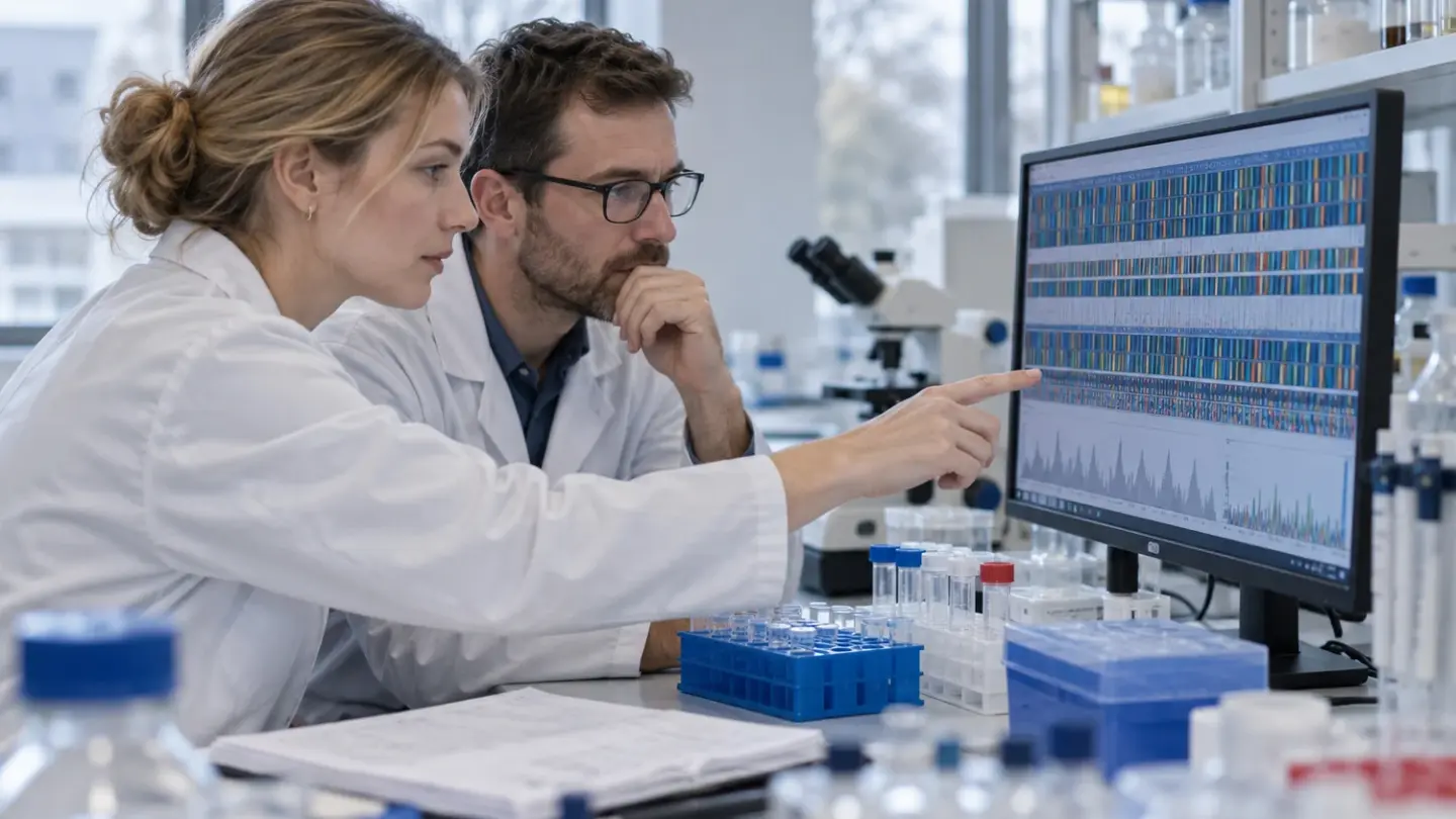 To forskere i kittel ser på en skærm med farvede DNA-sekvenser i et laboratorium; den ene peger på skærmen.