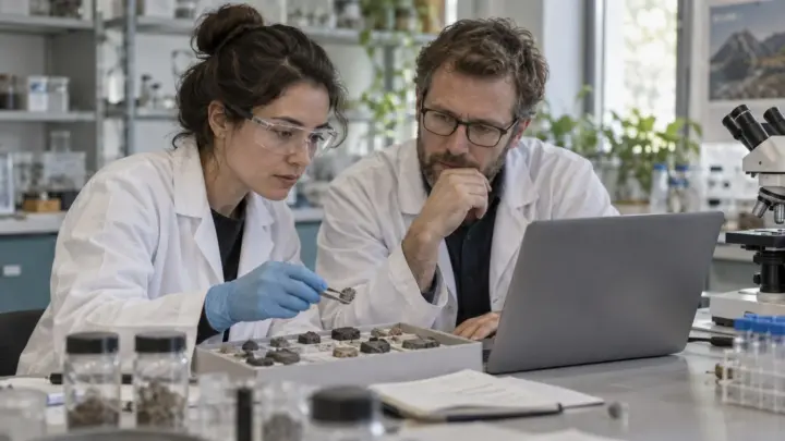 To forskere i hvide kitler ved et laboratoriebord undersøger prøver med en pincet ved siden af en bærbar computer