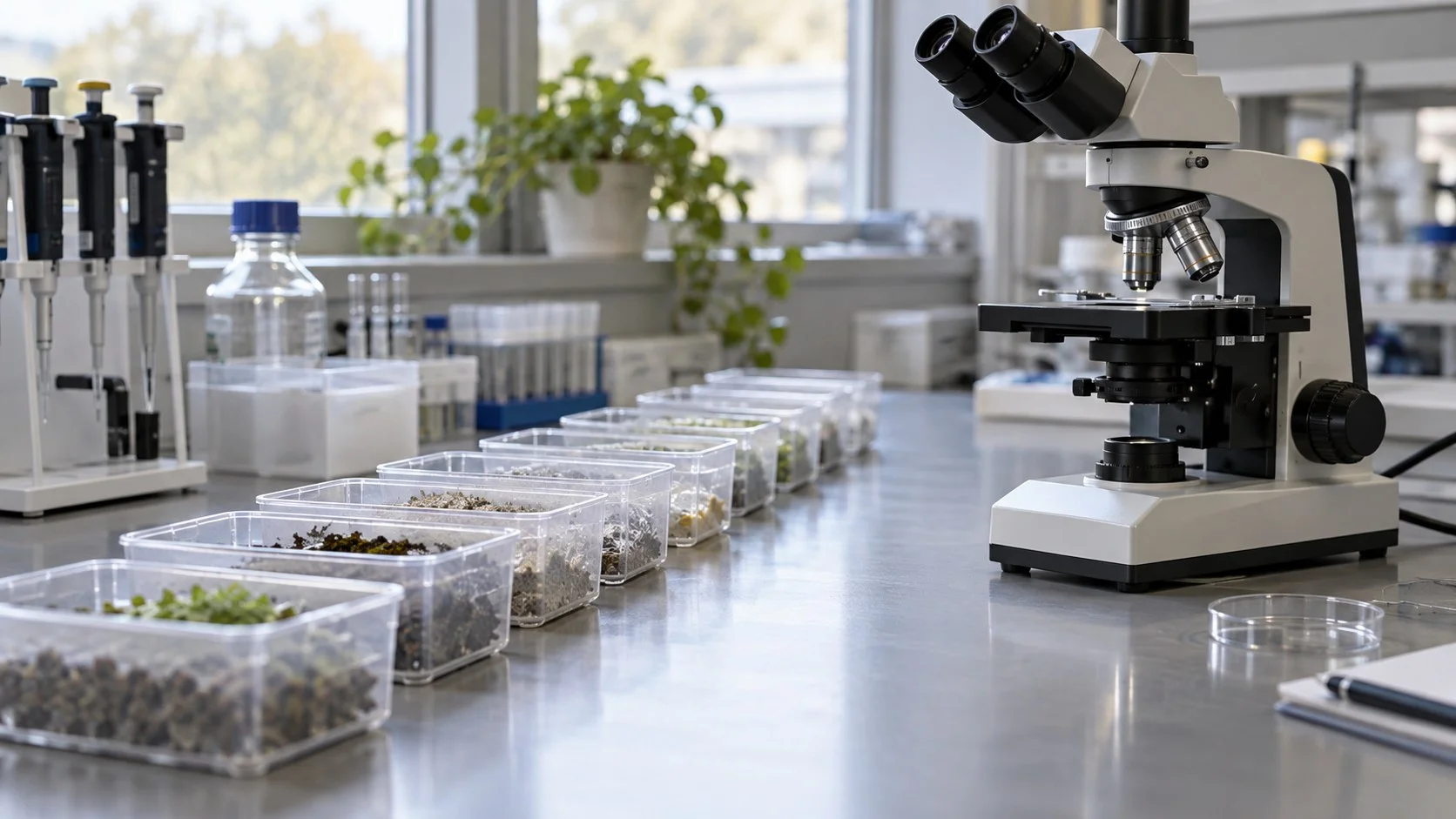 En række plastbeholdere med jord- og planteprøver står på et laboratoriebord foran et mikroskop