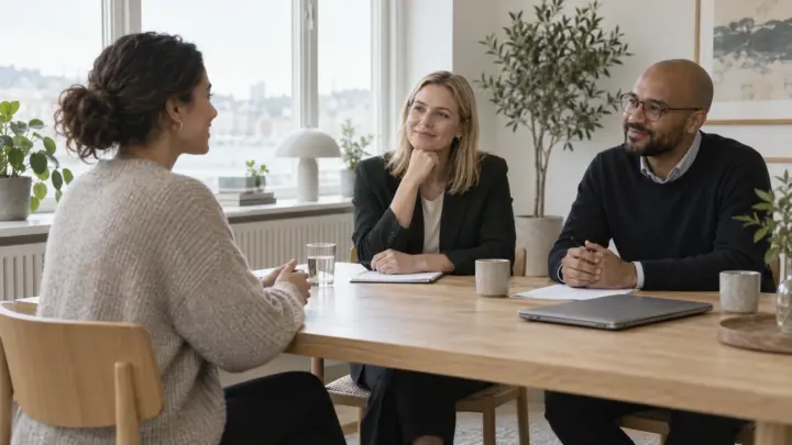 En kandidat sidder over for to personer ved et lyst mødebord under en jobsamtale