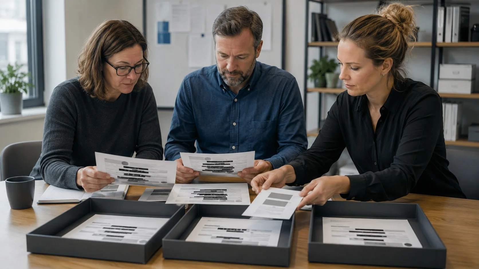 Tre kolleger gennemgår anonymiserede, overstregede samtaleudskrifter i bakker