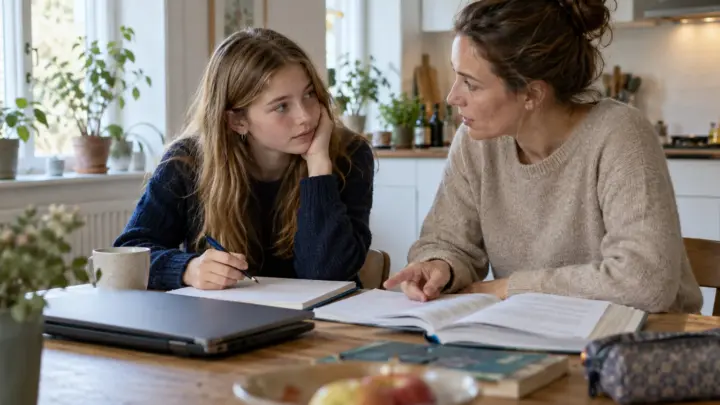 En teenagepige og en voksen kvinde sidder ved et køkkenbord med en opslået skolebog og en lukket bærbar computer.