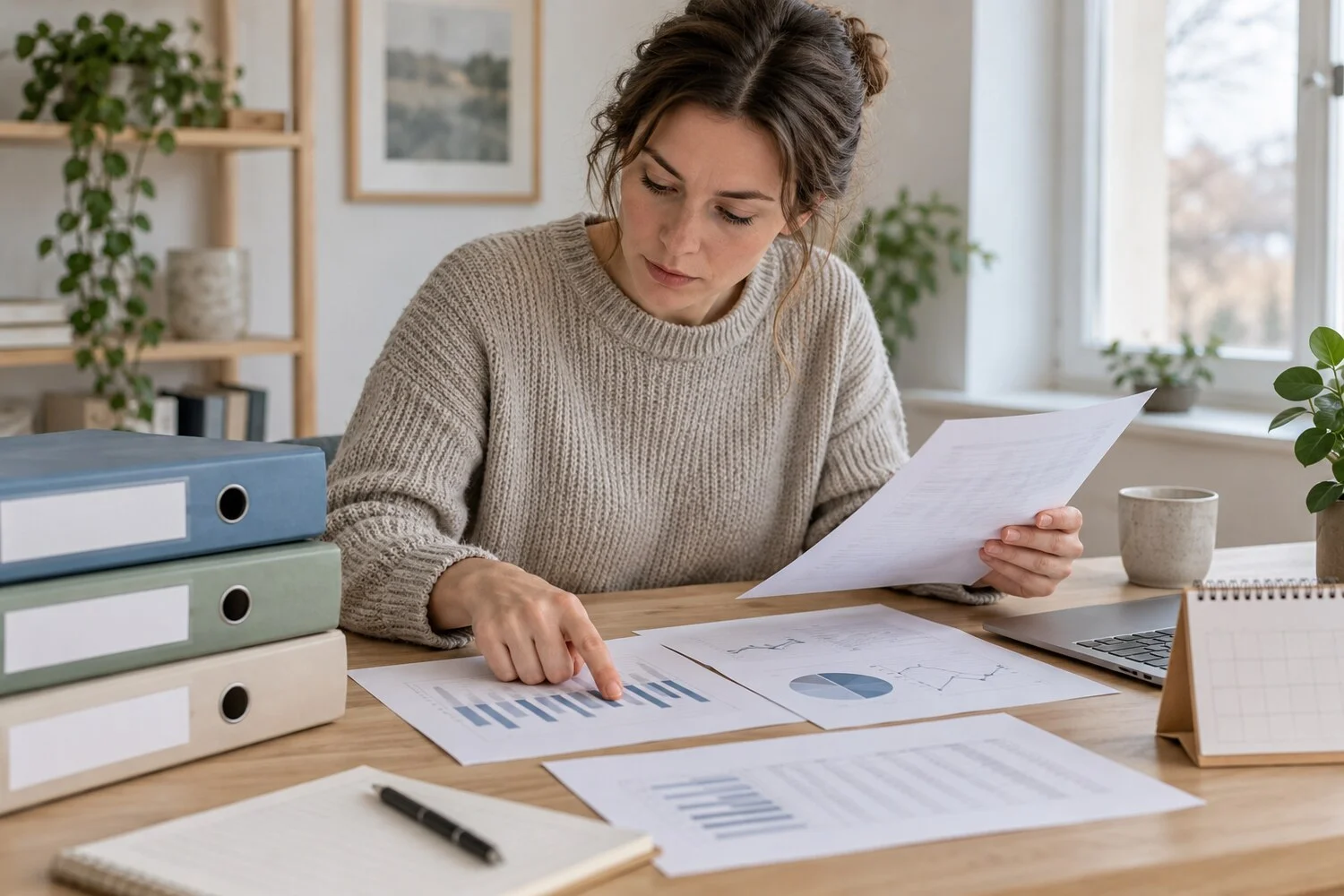 En kvinde ved et skrivebord peger på et trykt diagram og holder et papir, ved siden af ringbind og en bærbar computer.