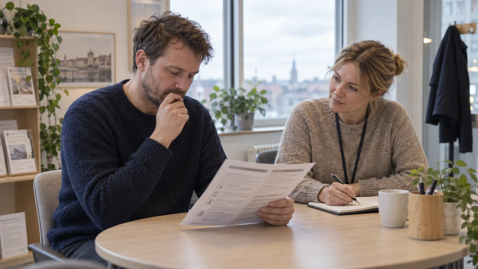 En mand læser en udskrevet vejledning ved et rundt bord, mens en kvinde ved siden af tager noter
