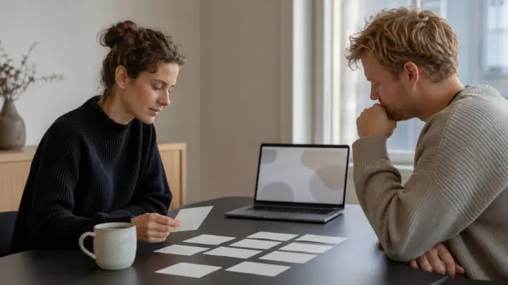 To personer ved et bord med samtalekort og en bærbar computer, den ene tænker
