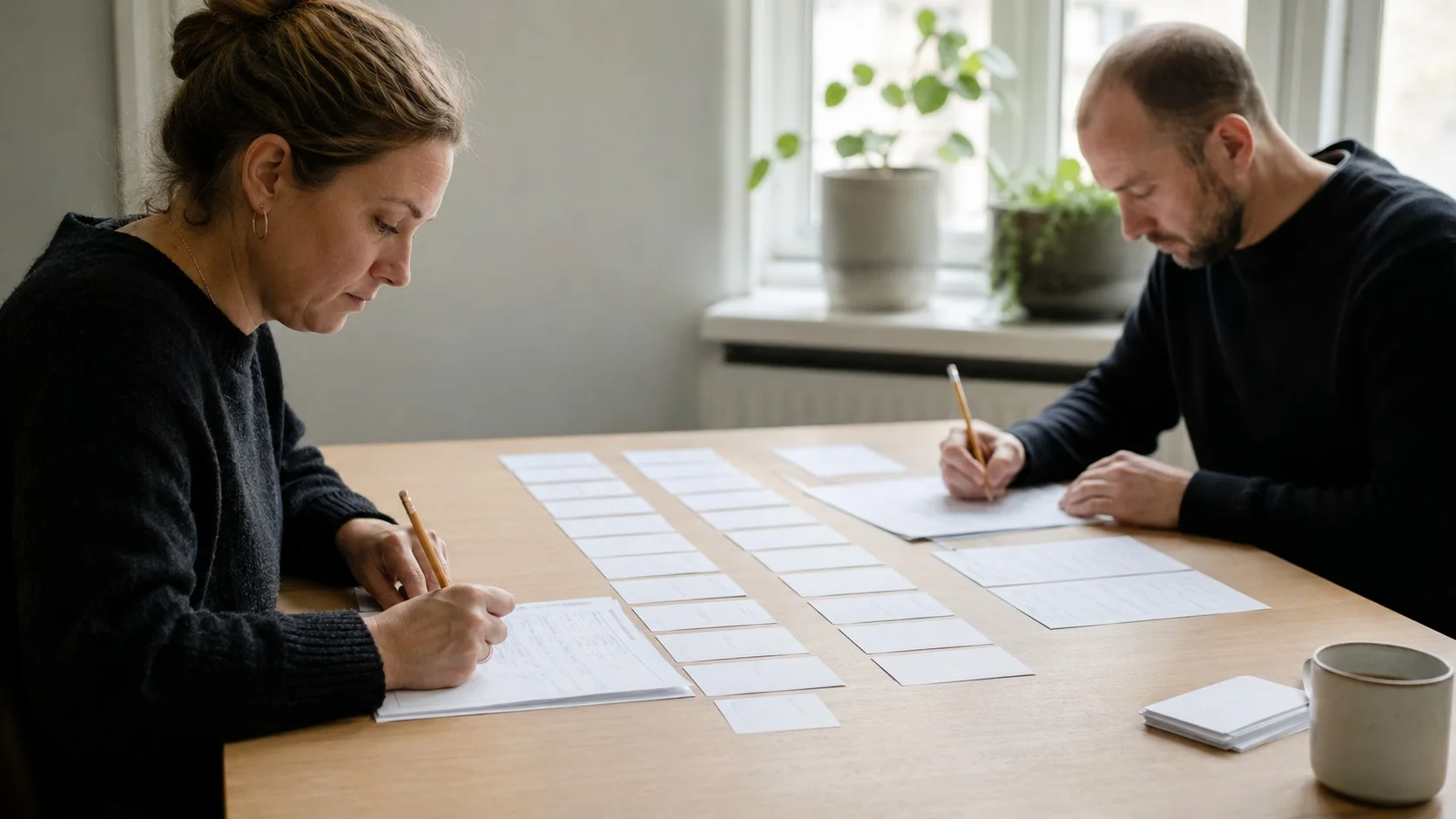 To personer vurderer hver for sig rækker af kort og noter ved et bord