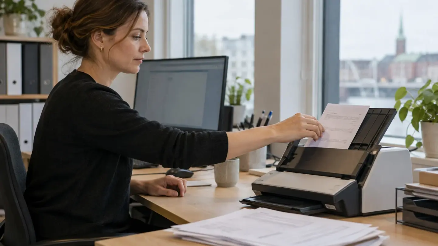 En kvinde ved et skrivebord fører et ark papir ind i en dokumentscanner ved siden af en stak dokumenter.