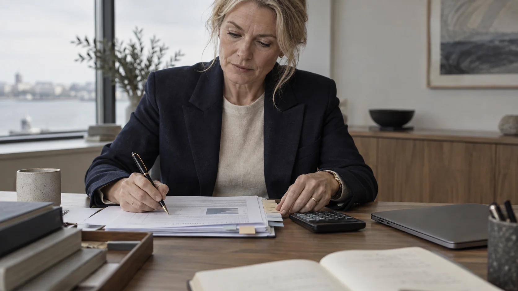 En kvinde sidder ved et skrivebord og skriver noter på en stak dokumenter ved siden af en lommeregner