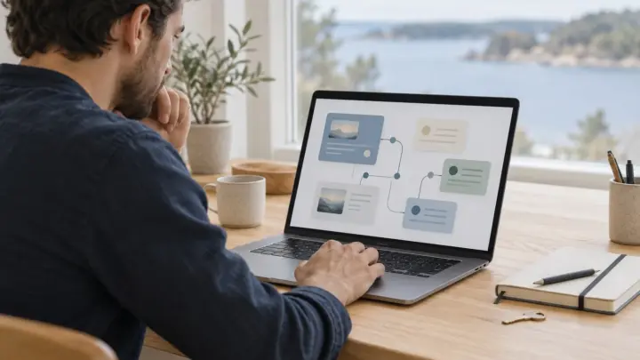 En mand ved et skrivebord ser på et diagram med forbundne felter på en bærbar computer.