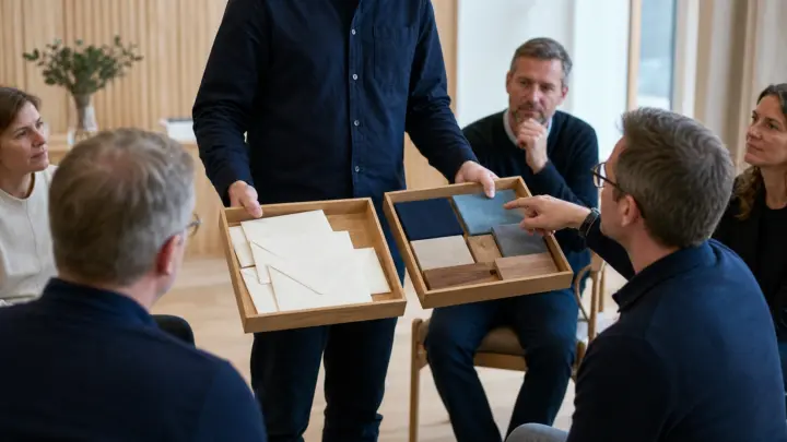 En facilitator viser to bakker med eksempler til en lille gruppe, der vælger, hvad der skal afprøves.