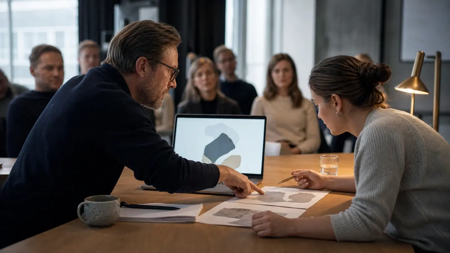 To kolleger sammenligner et udkast på skærmen med det oprindelige materiale, mens teamet følger med.