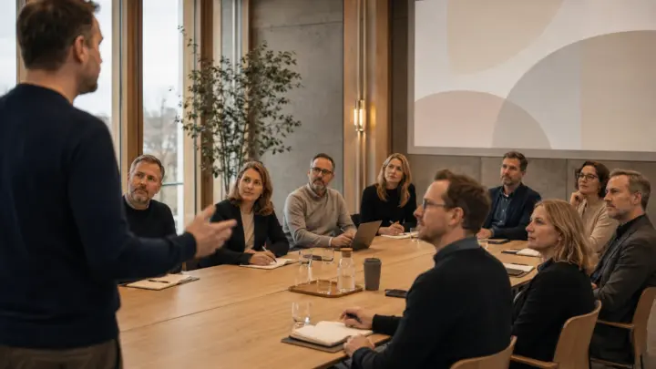 Kolleger gennemgår et AI-udkast på en bærbar computer ved et almindeligt kontorbord.