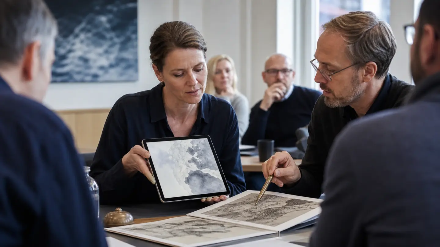 En underviser viser en tablet til kolleger, mens de sammenligner med det trykte materiale.