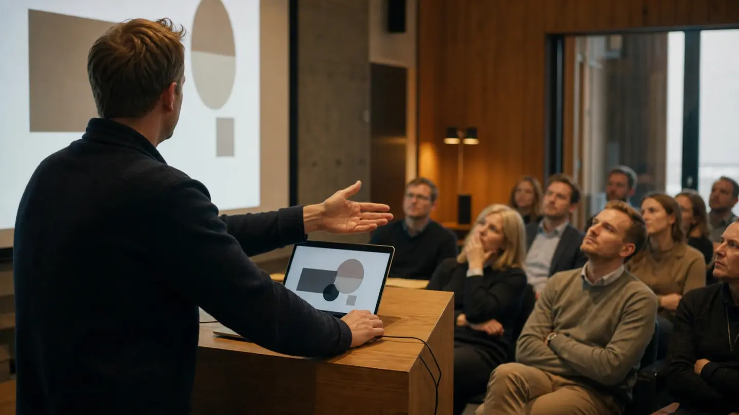 En underviser gennemgår et eksempel på skærmen for en gruppe deltagere i et mødelokale.