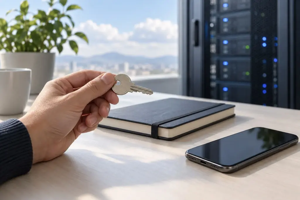 En hånd holder en nøgle over et bord med en notesbog og en mobiltelefon. I baggrunden står et serverskab med blå lys.