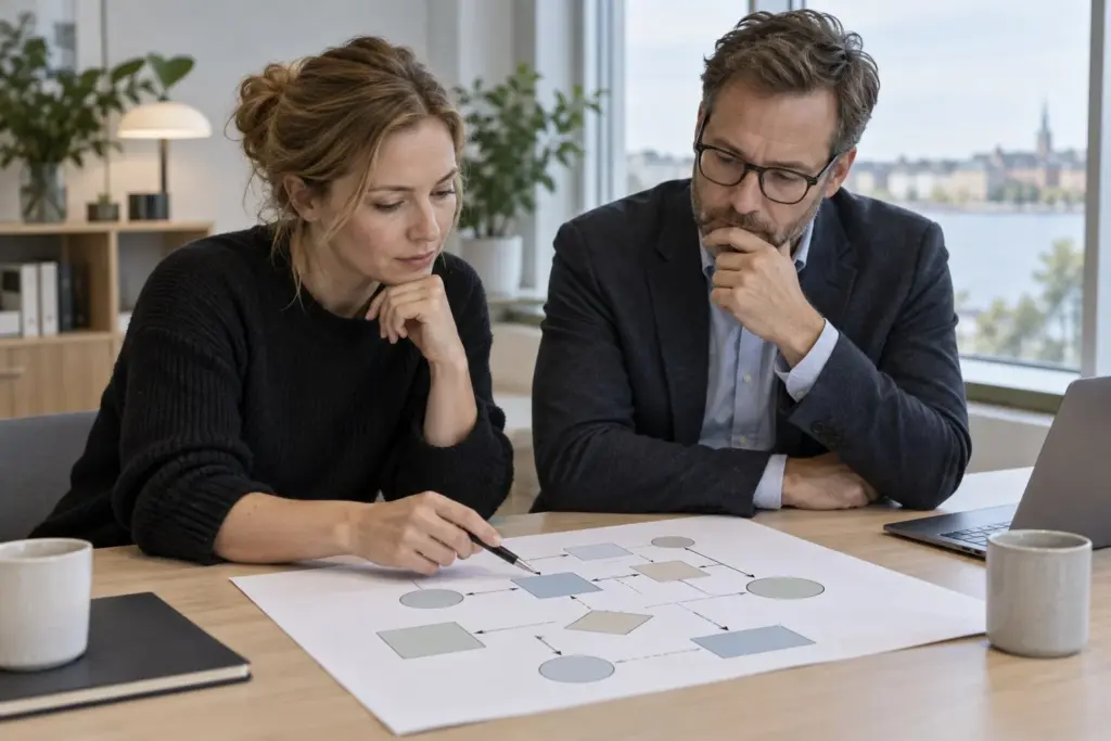 To kolleger sidder ved et bord og ser på et stort ark med et diagram af kasser, cirkler og pile.