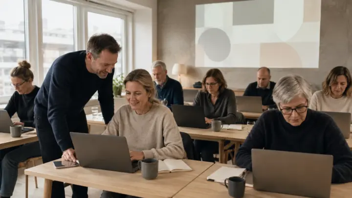 Kursister arbejder ved hver deres bærbare computer, mens underviseren hjælper ved et bord.