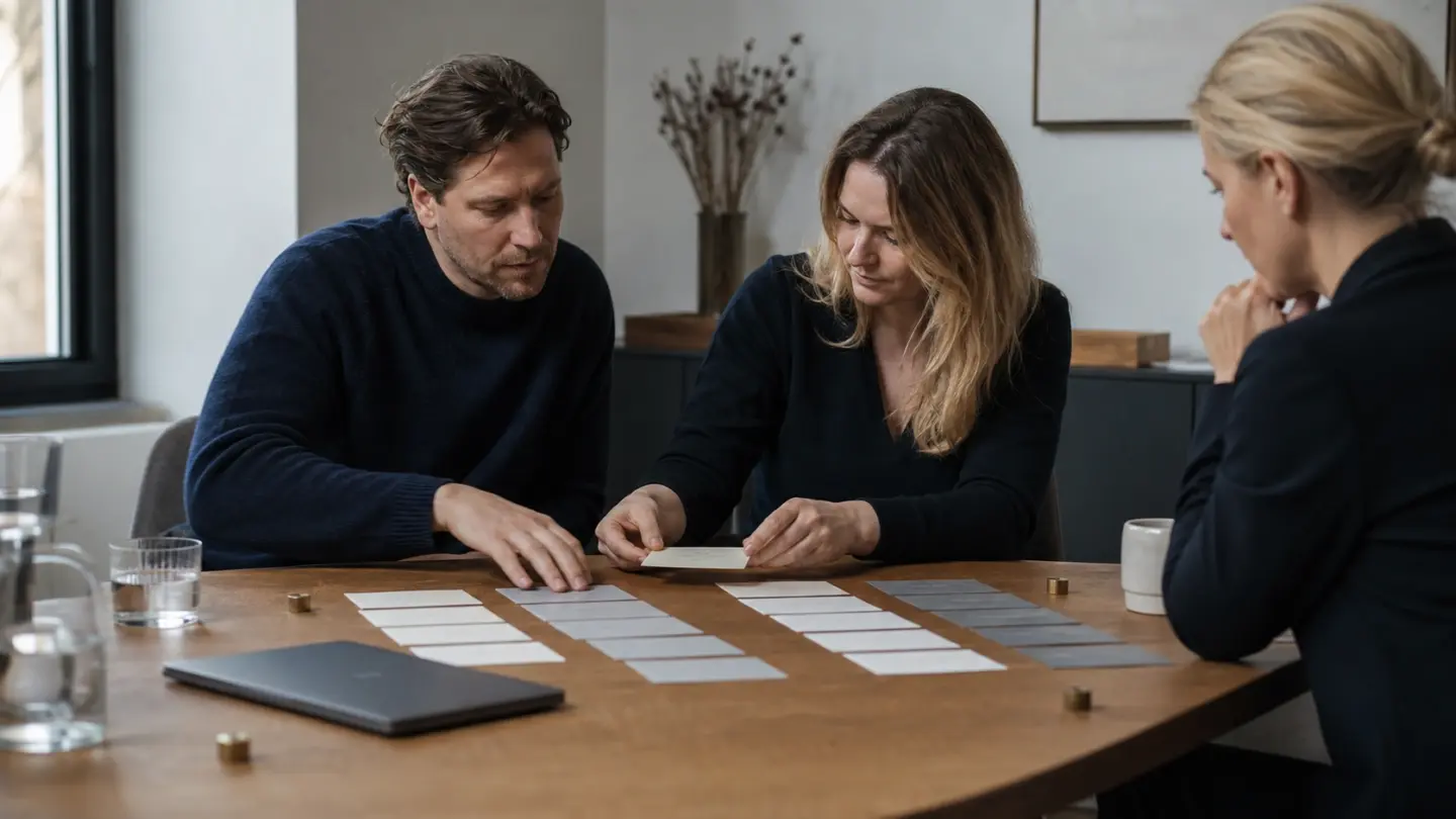 Undervisere sidder om et bord og lægger kort og materialer til rette.