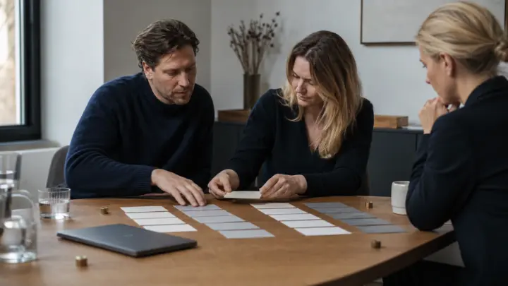 Undervisere sidder om et bord og lægger kort og materialer til rette.